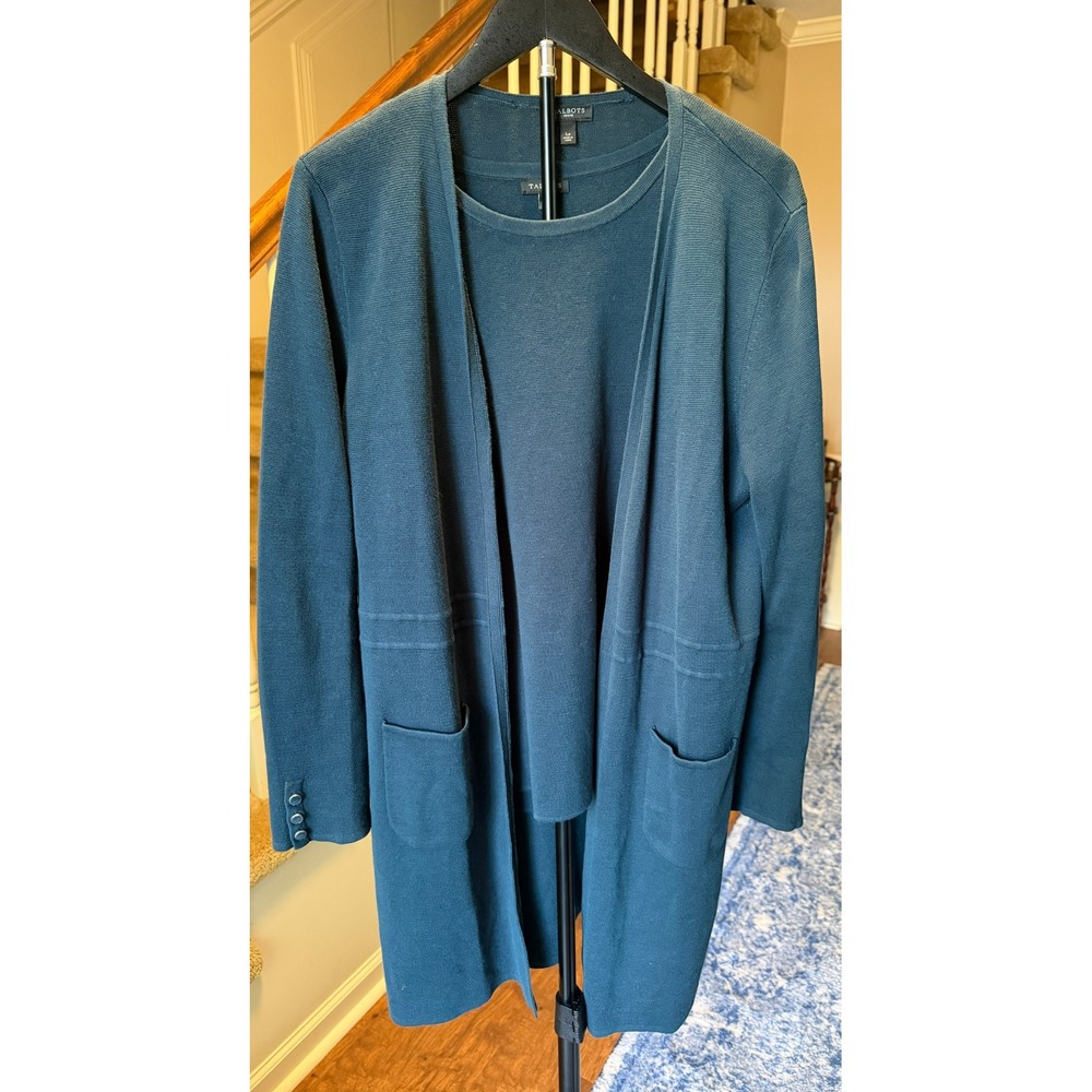 Talbots Womens Large Teal Blue 2 Piece Long Cardigan and Shell Sweater Set